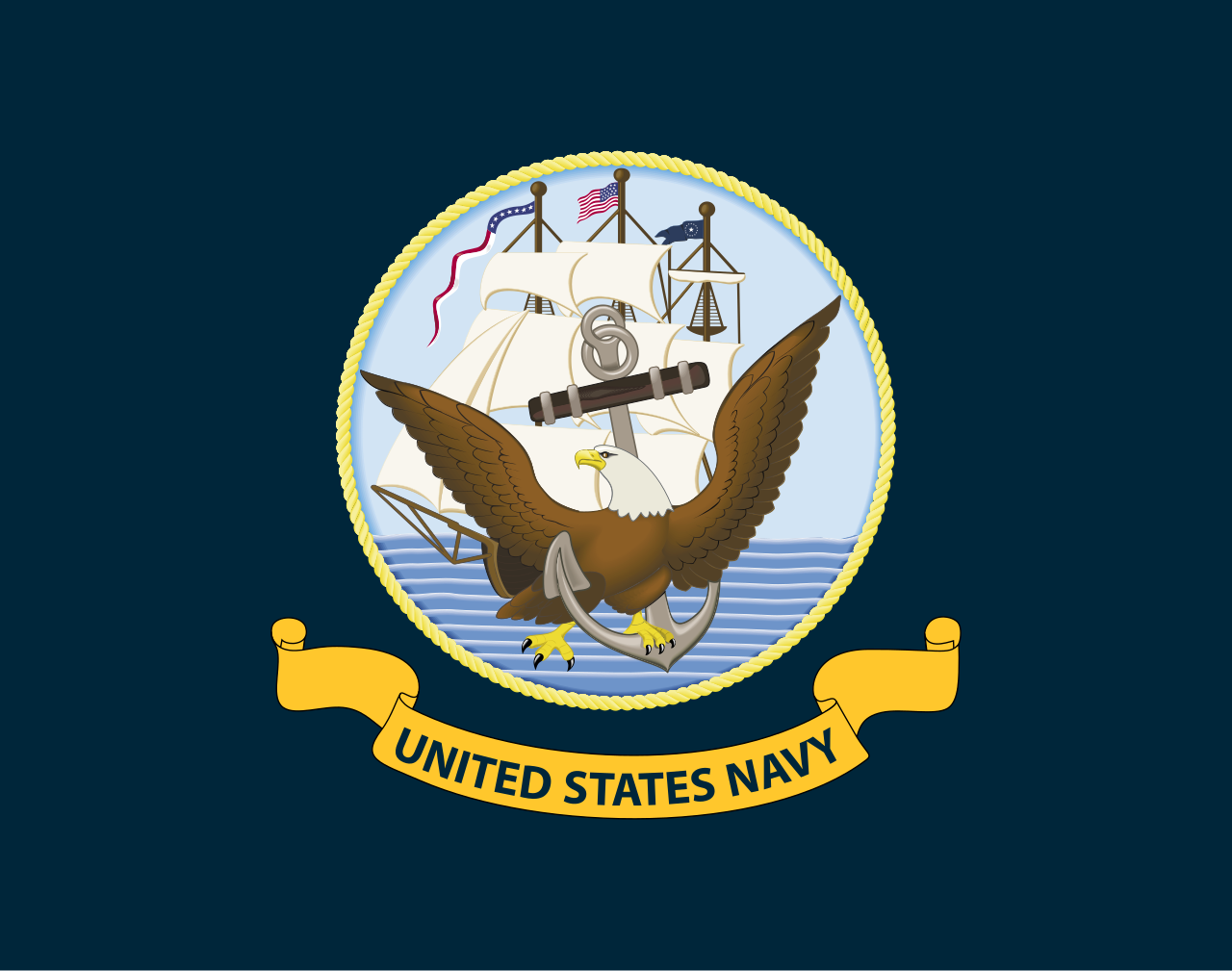 Navy flag with an eagle, ship, and anchor, with "UNITED STATES NAVY" on a banner.