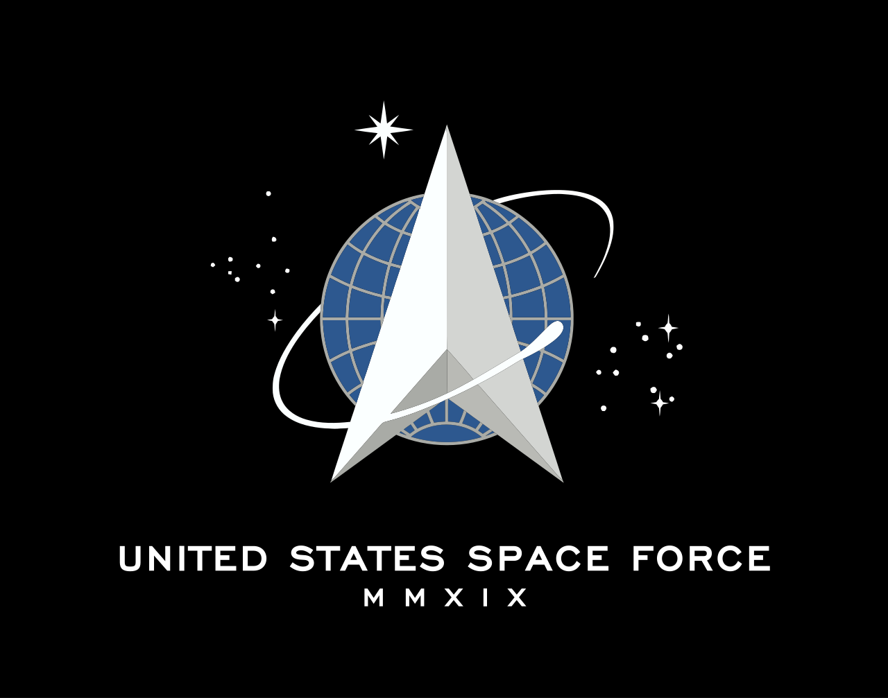 U.S. Space Force flag on a black background; white arrowhead, globe, stars, and text "UNITED STATES SPACE FORCE MMXIX."
