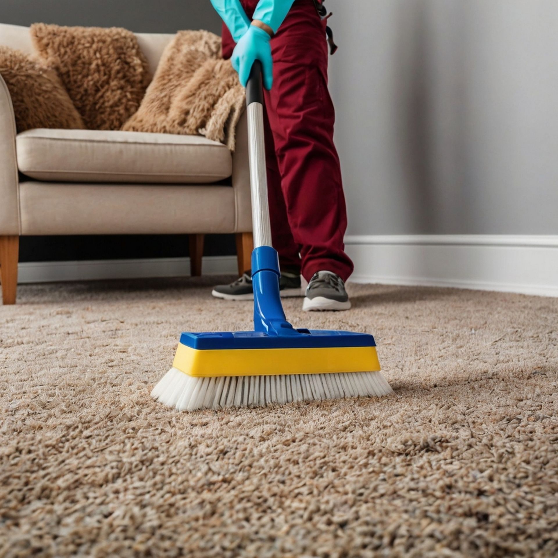 A person is cleaning a carpet with a broom in a living room.