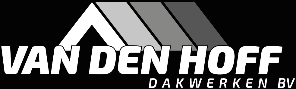 Logo voor Van Den Hoff Dakwerken BV, met een gestileerd wit dak op witte tekst op een zwarte achtergrond.