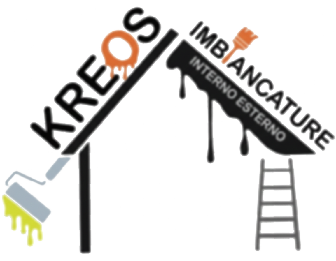 Logo per i servizi di verniciatura Kreos con rullo, gocce di vernice, pennello, scala e testo in italiano.