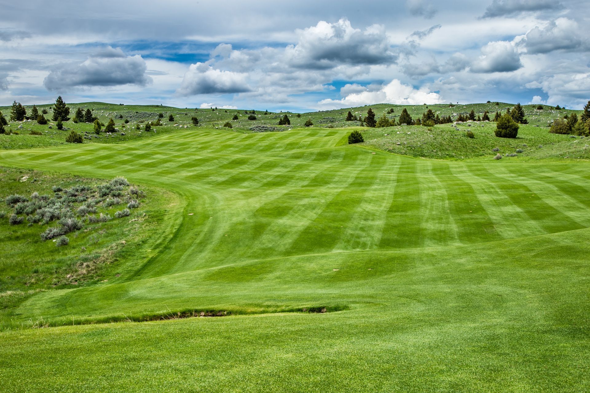A lush green golf course with a cloudy sky in the background.