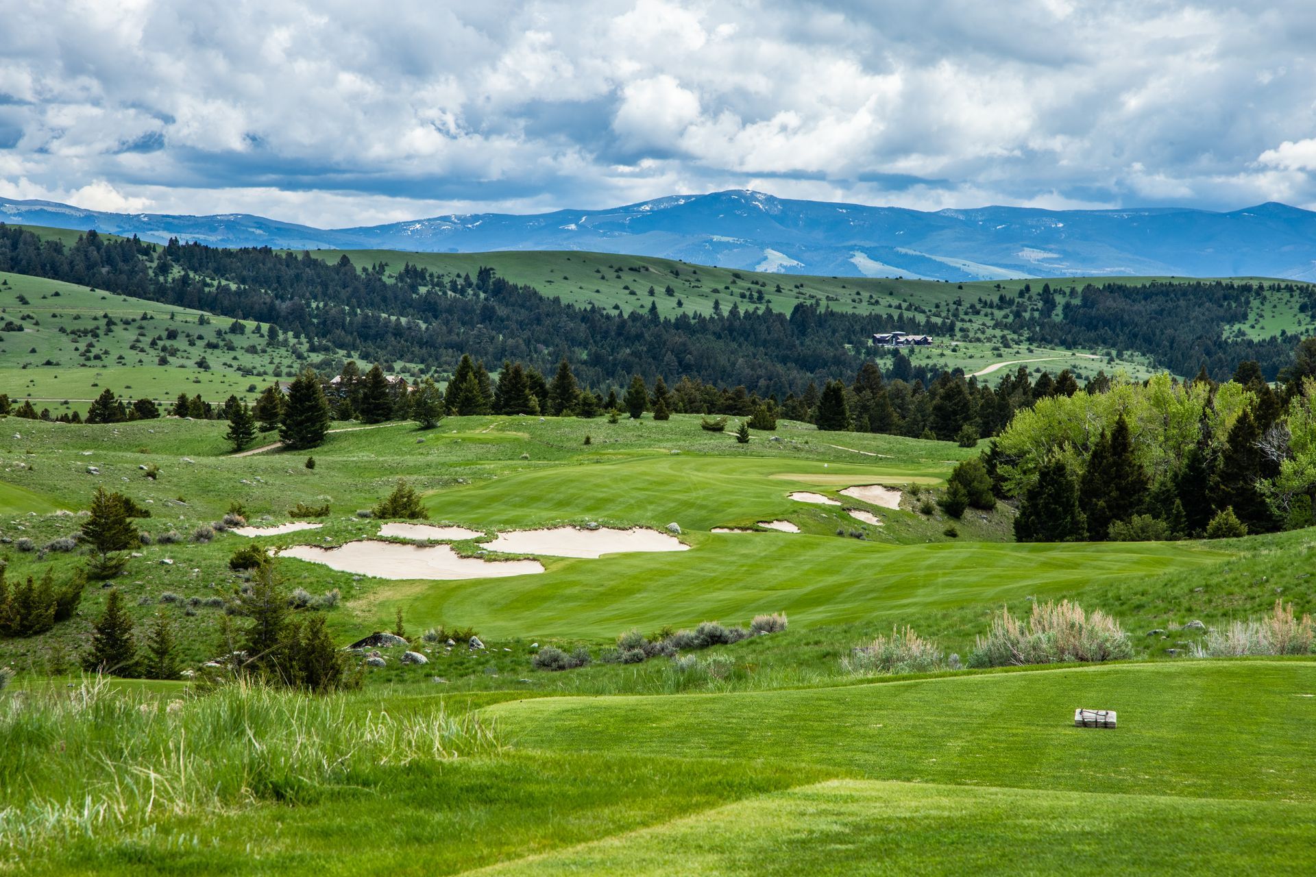 A golf course in the middle of a grassy field with mountains in the background.