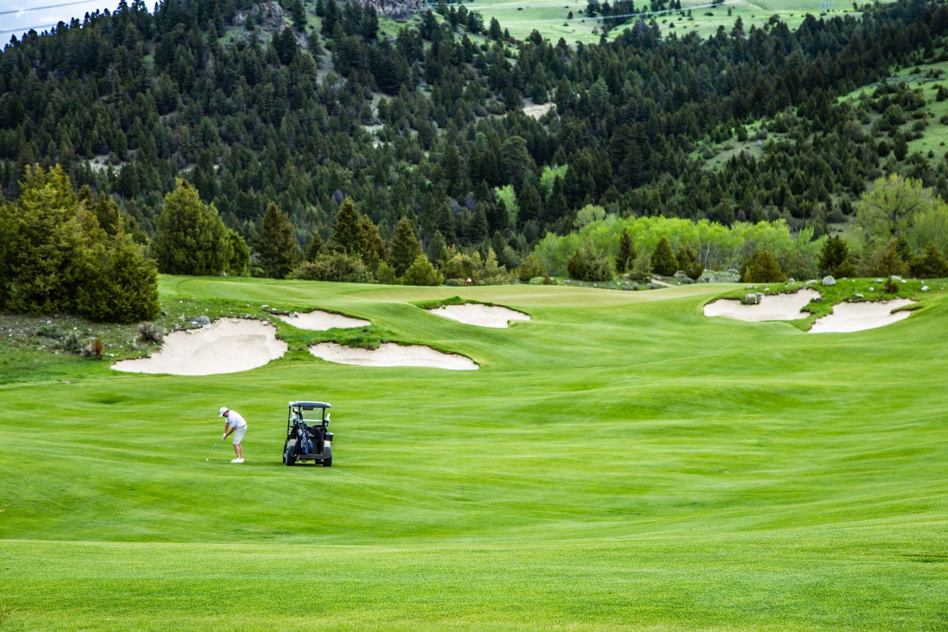 A man is playing golf on a golf course with a golf cart.