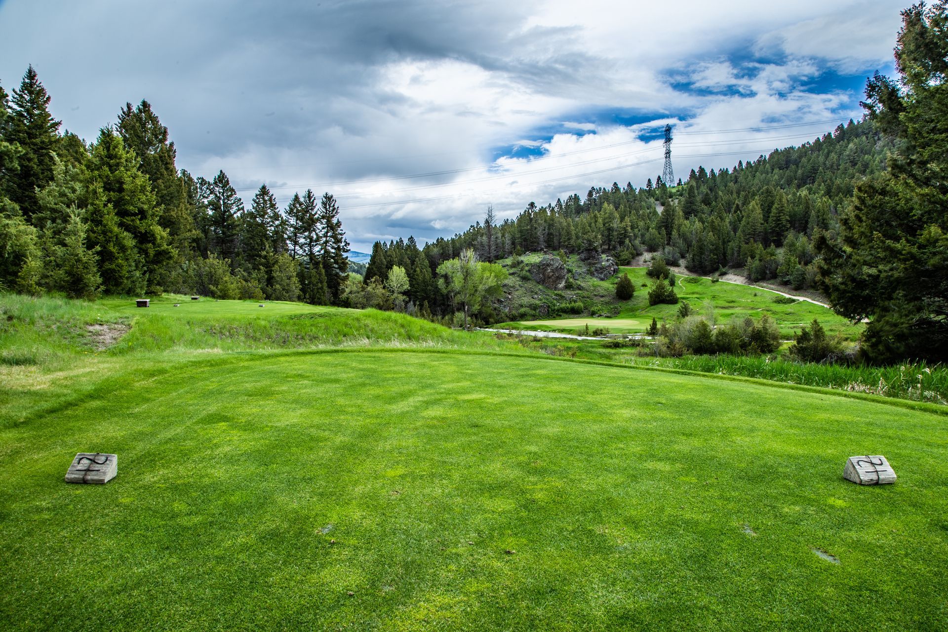 A golf course with a lot of grass and trees in the background.