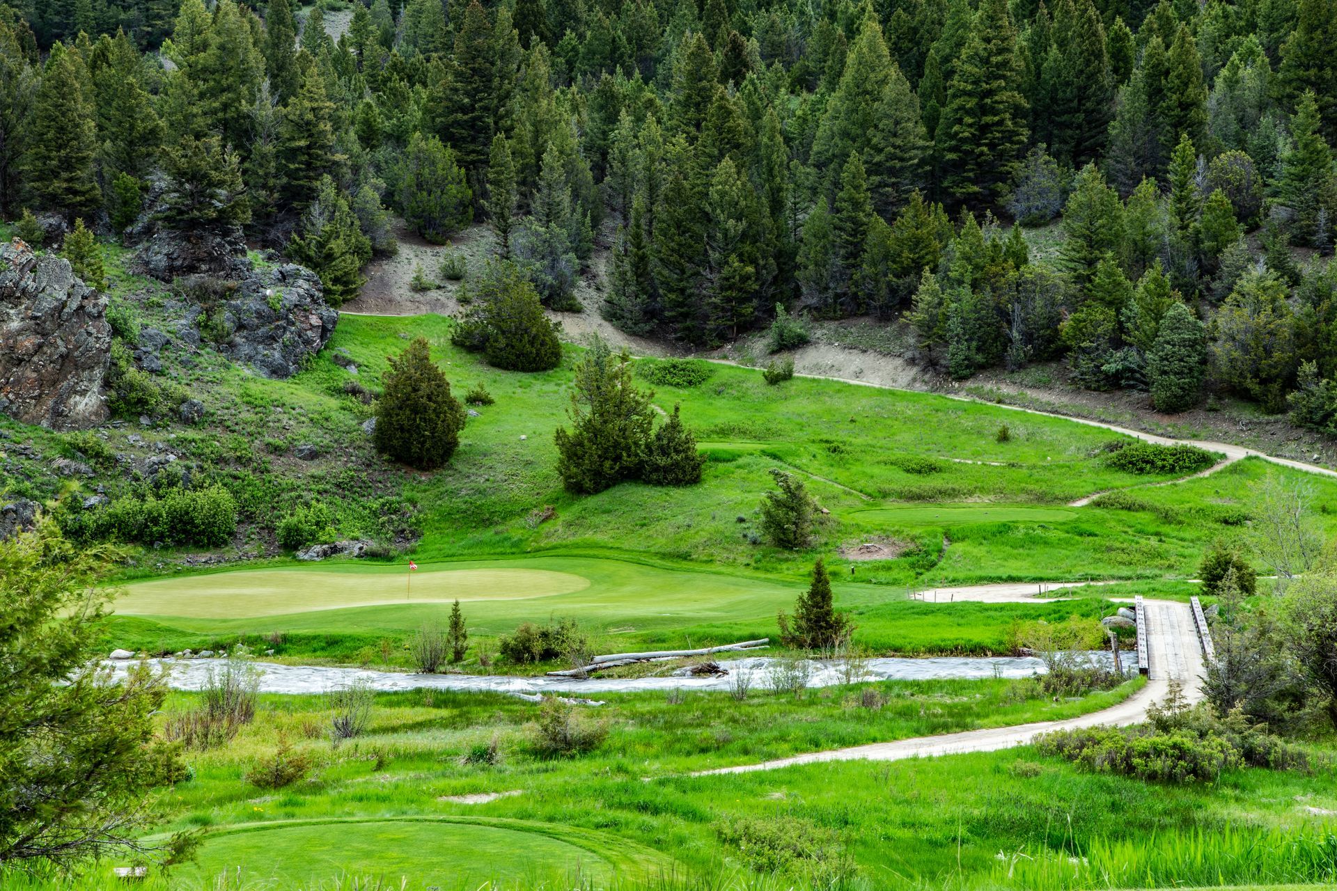 There is a river running through a grassy field surrounded by trees.