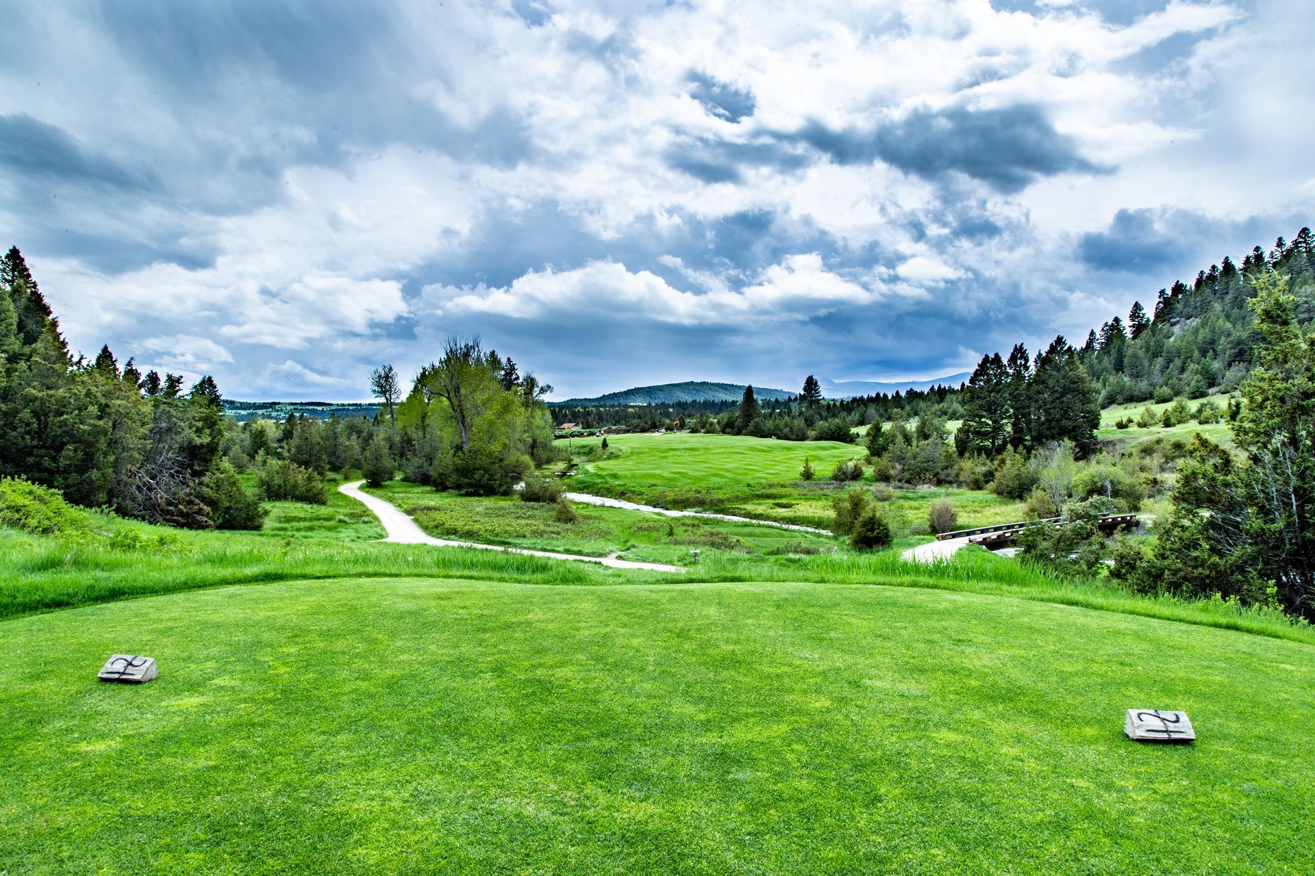 A golf course with a lot of grass and trees on a cloudy day.