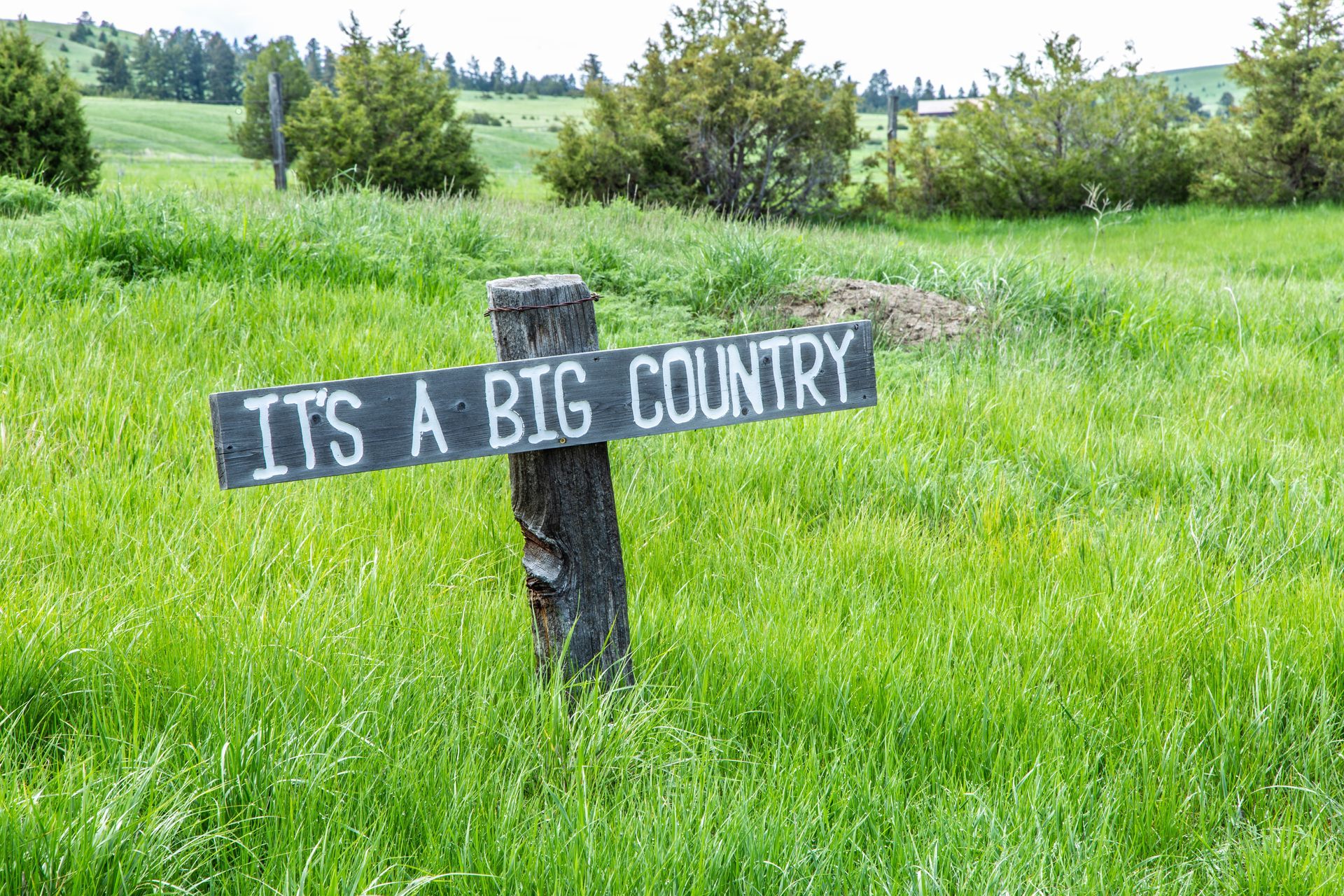 A sign that says `` it 's a big country '' is in the middle of a grassy field.