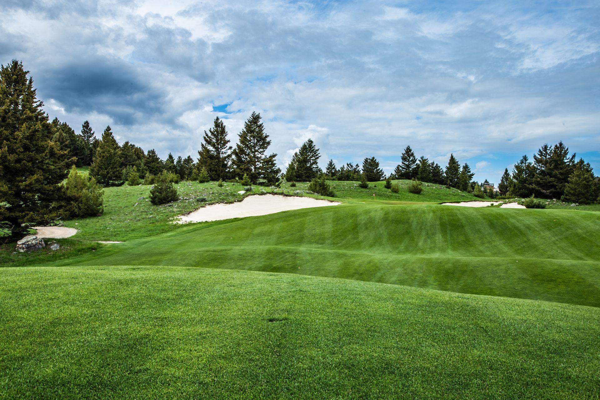 A golf course with a lot of green grass and trees in the background.