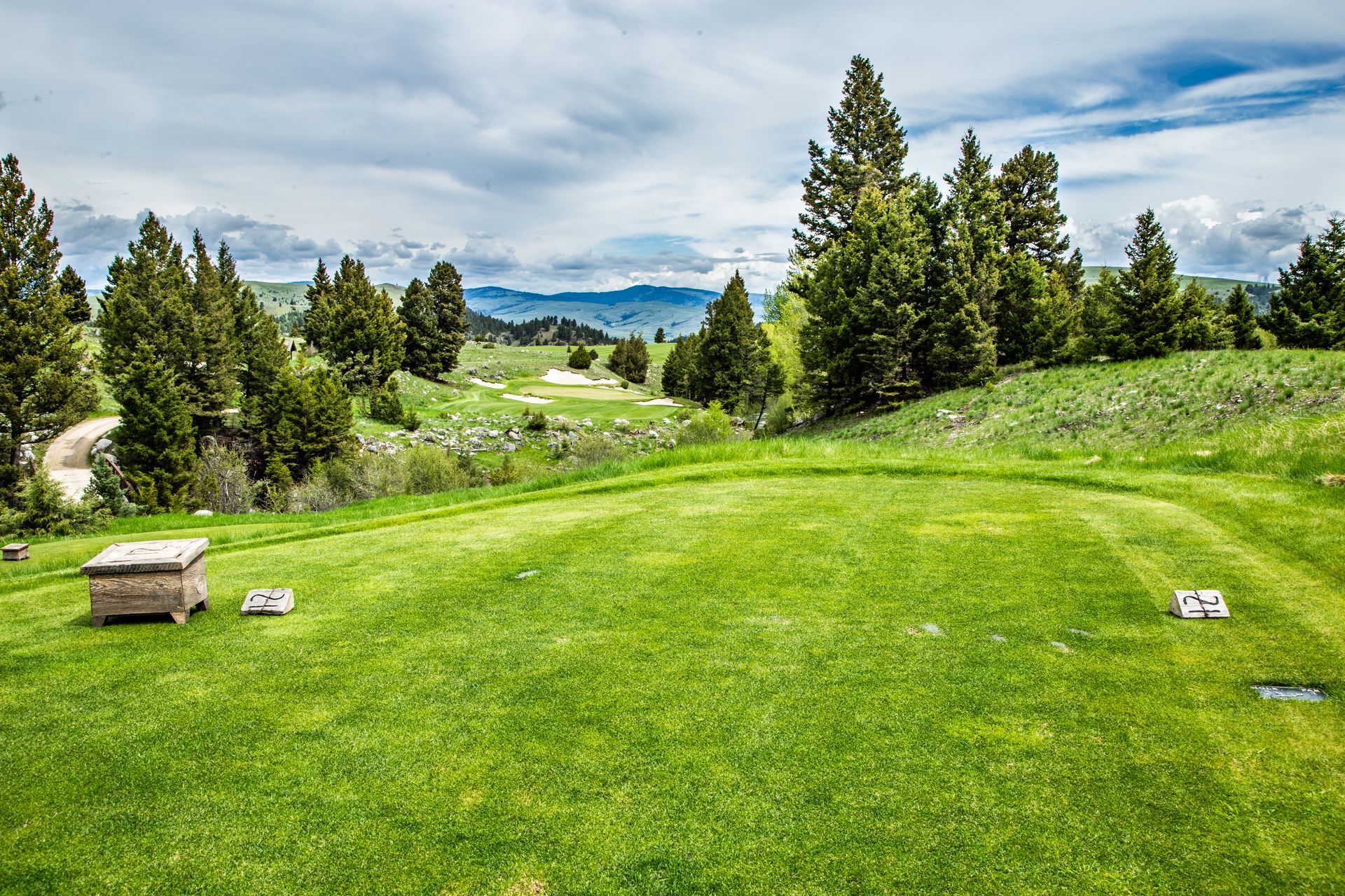 A golf course with a lot of grass and trees in the background.