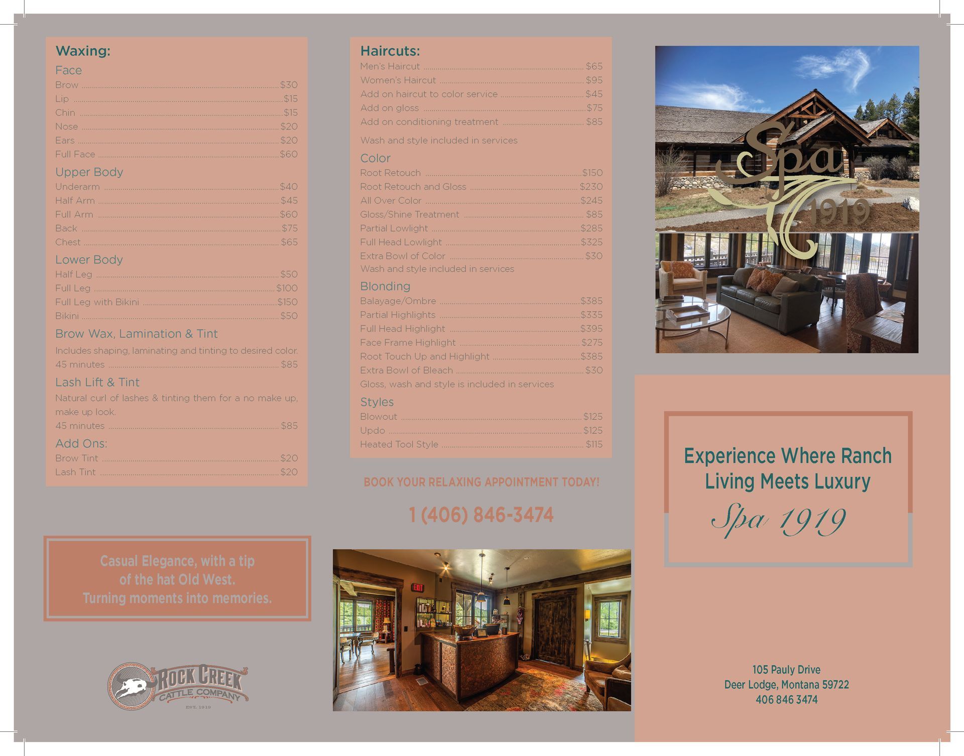 A brochure for a ranch living made luxury with a picture of a living room.