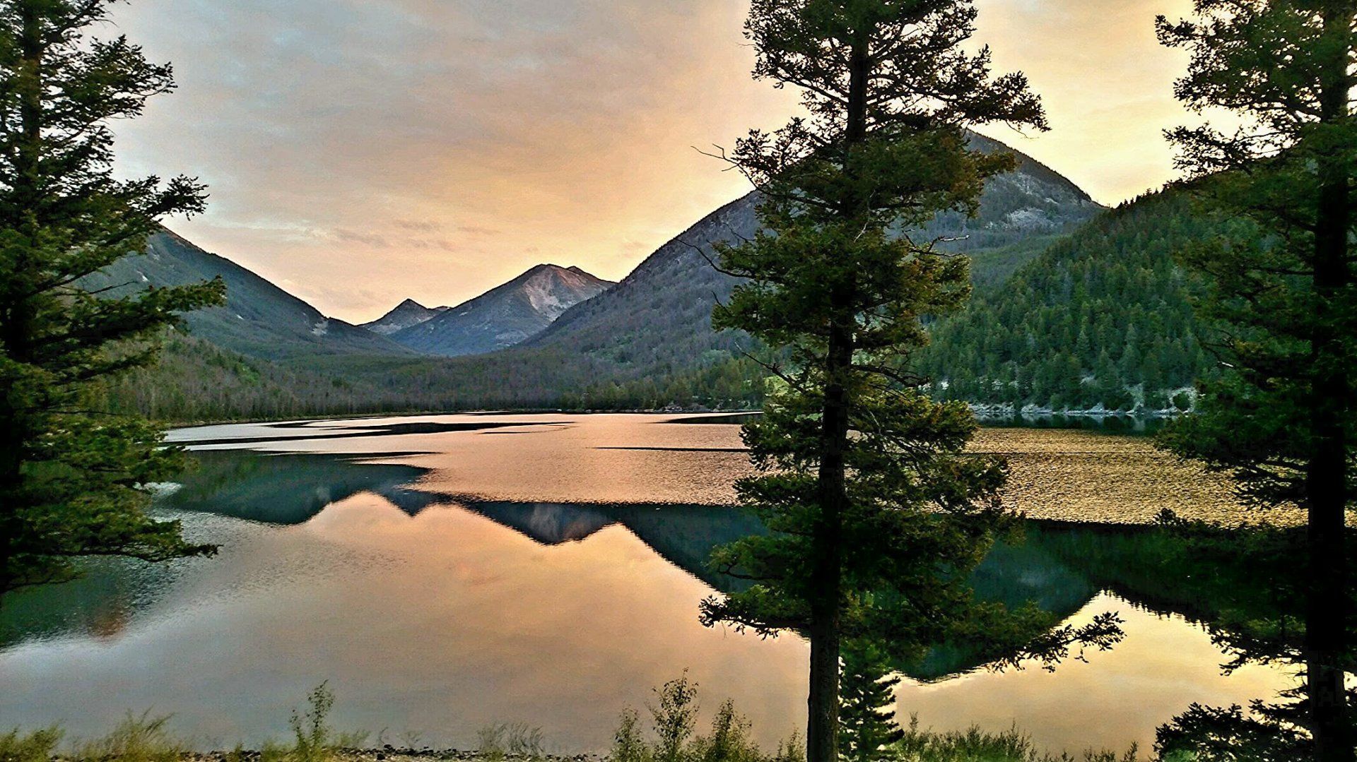 A lake with mountains in the background and trees in the foreground