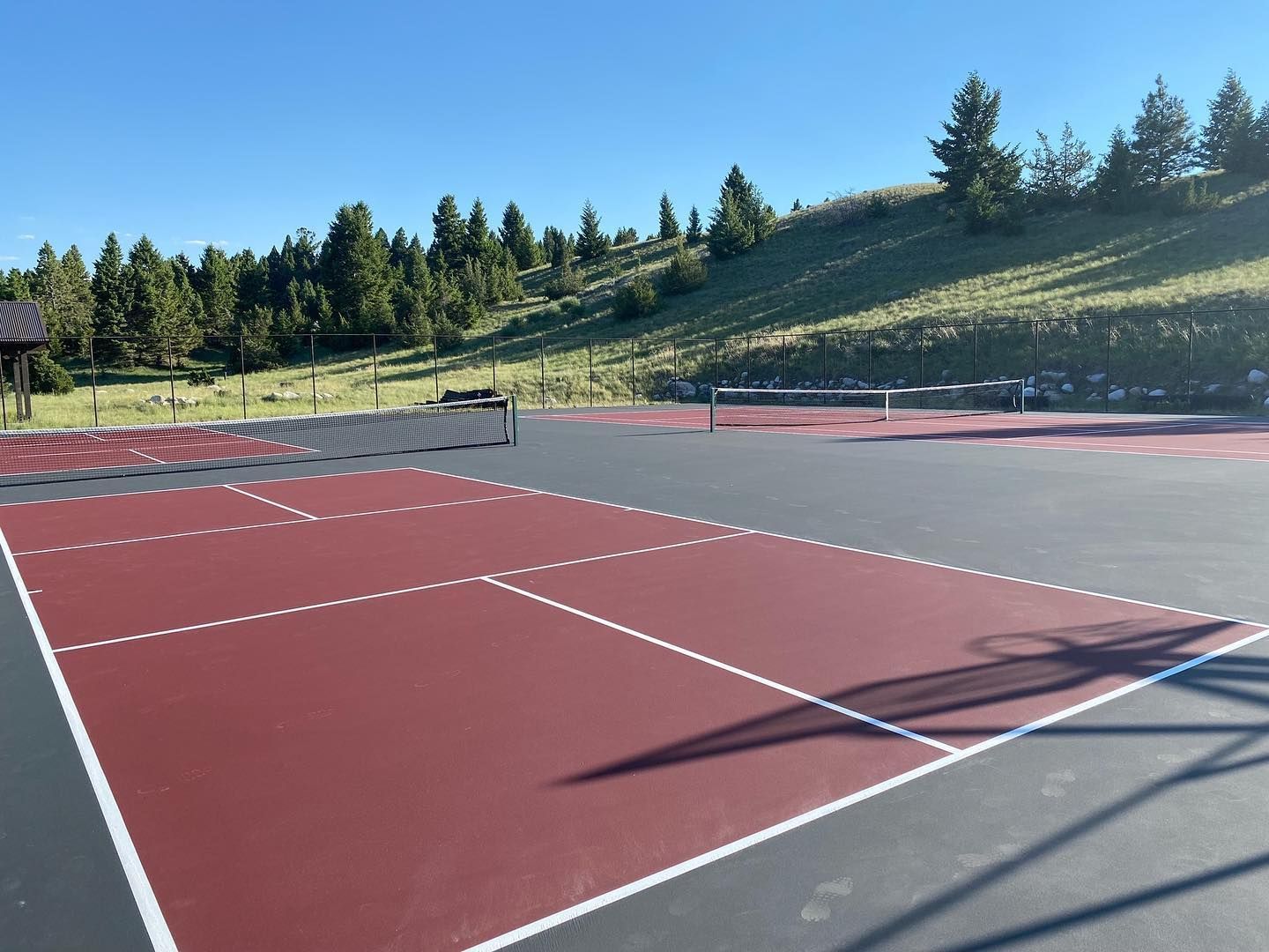 A tennis court with trees in the background on a sunny day