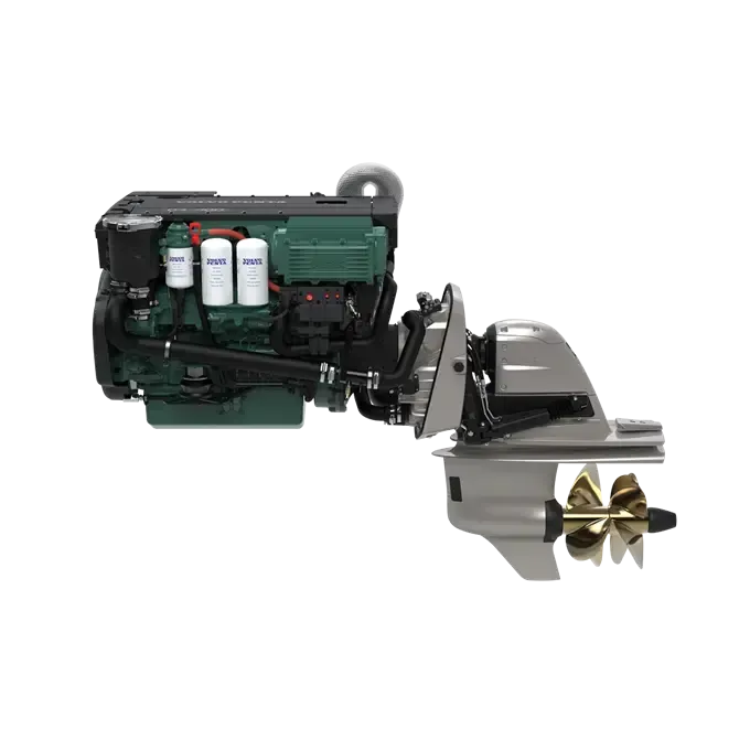 Marine engine with propeller, gray and green, white filters, isolated.