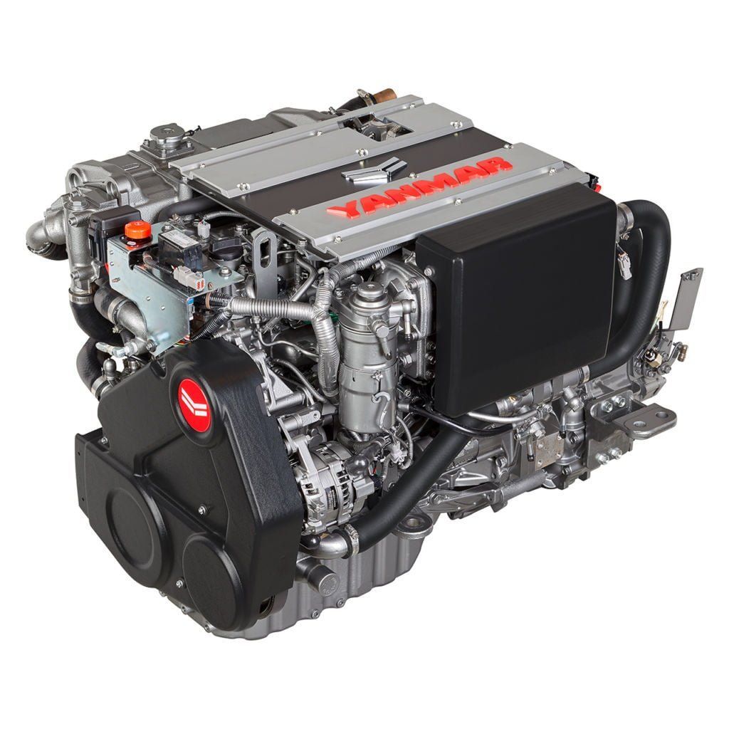 Yanmar marine diesel engine, gray and black, with red logo, on white background.— Mackay Marine Services in Mackay, QLD