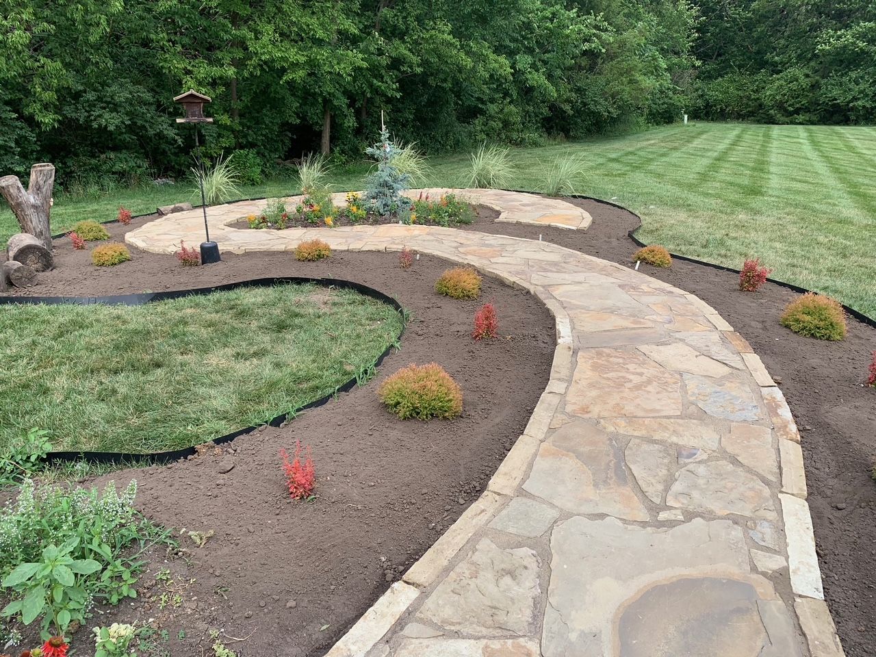 A stone walkway leading to a house surrounded by trees and bushes.