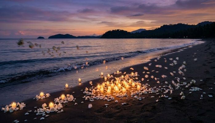 Candles and white flower petals arranged on a beach at sunset for a cremation ceremony in Warman, SK