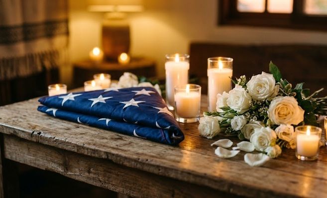 Folded American flag with white roses and lit candles on wooden table for memorial service