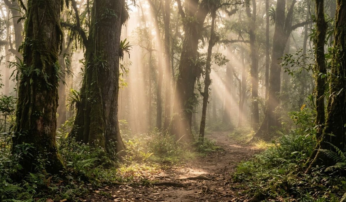 Sunlight through dense forest along path, cremation services in Martensville, SK