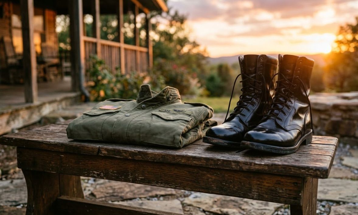 Folded military uniform and boots on bench at sunset, cremation services in Saskatoon, SK