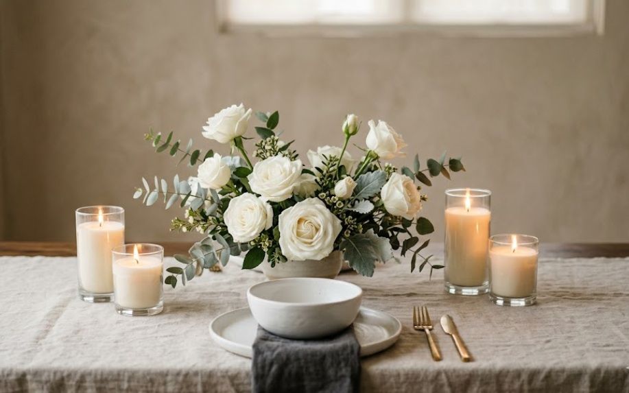 White floral arrangement with candles on table, cremation services in Saskatoon SK