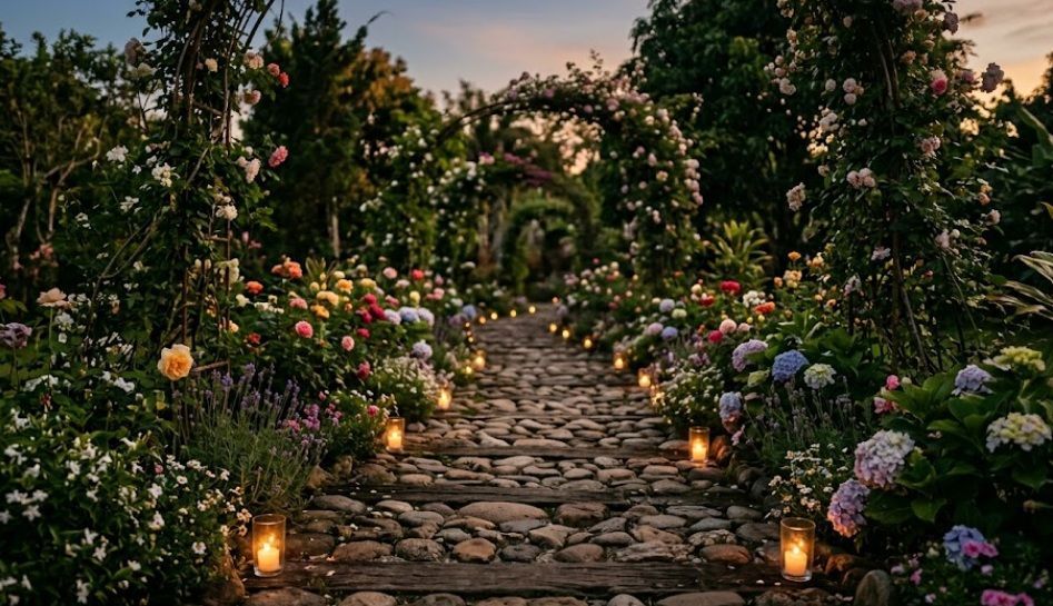 Candlelit garden pathway with flowers at dusk, cremation services in Warman SK