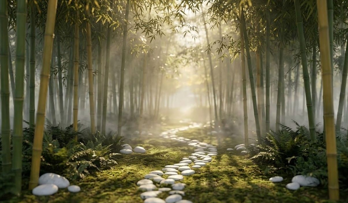 Stone path through bamboo forest with sunlight, funeral homes in Martensville, SK