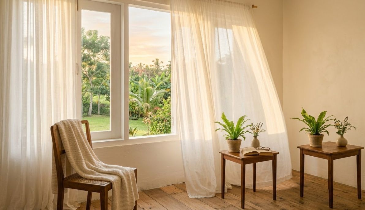 Sunlit living room with sheer curtains and window view, funeral homes in Saskatoon, SK