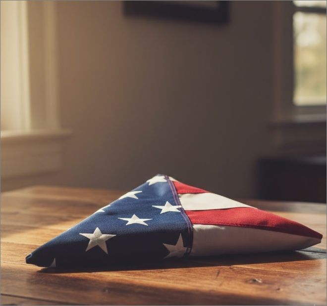 Folded American flag on wooden table, funeral homes in Saskatoon SK