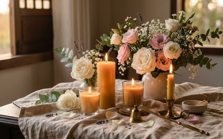 Memorial candles and soft floral arrangement indoors, funeral homes in Warman SK