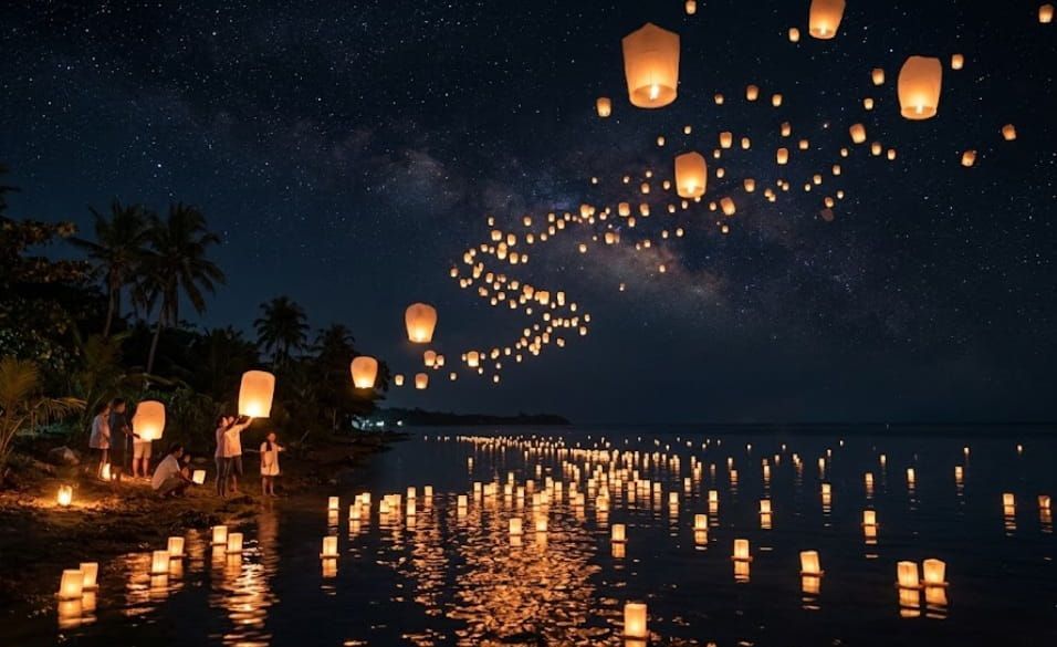 Lanterns released over water during a nighttime memorial gathering in Martensville, SK