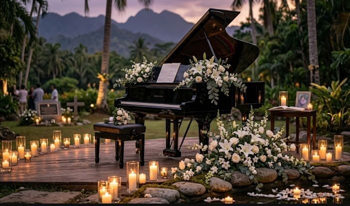 Outdoor memorial setup with grand piano, candles, and white floral arrangements at sunset in Martens