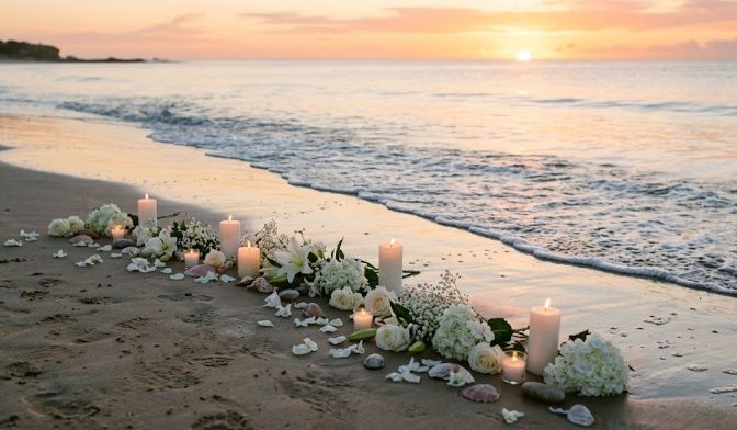 Lit candles and white flowers arranged along a sandy beach at sunset for a memorial in Warman, SK