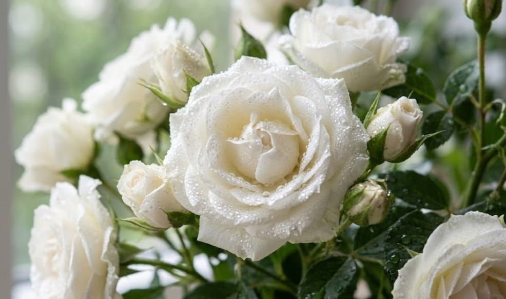 White roses with dewdrops arranged for a memorial service in Saskatoon, SK