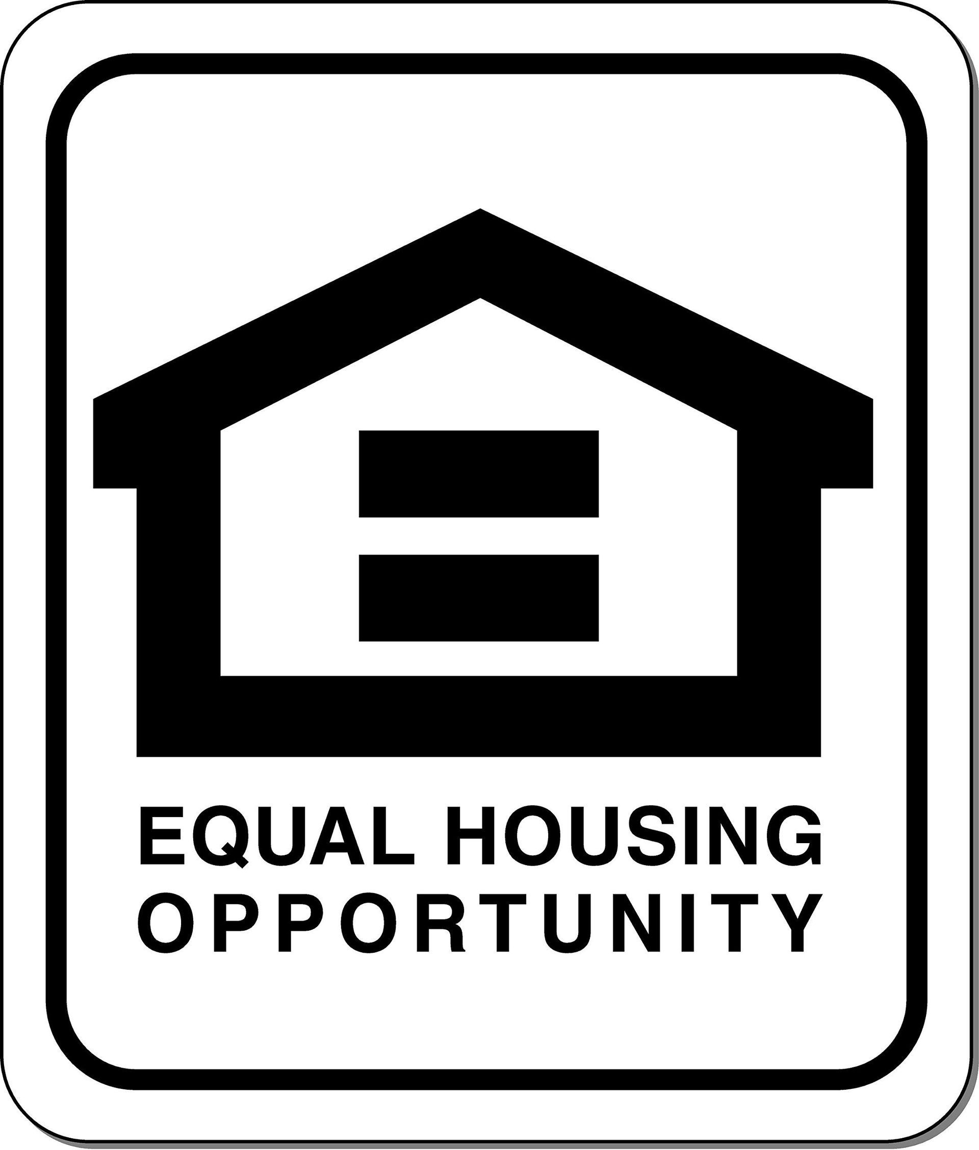 A black and white sign that says `` equal housing opportunity '' with an equal sign inside of a house.