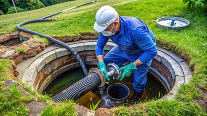 A large black septic tank is sitting in a trench.