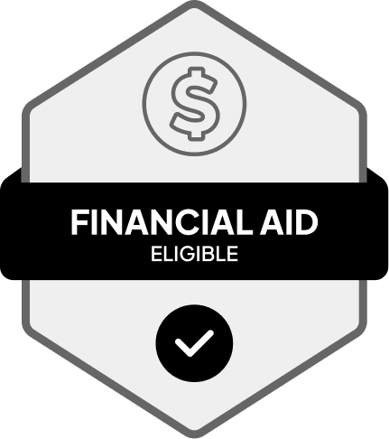 Badge: Financial Aid Eligible, blue banner, building icon, dollar sign.