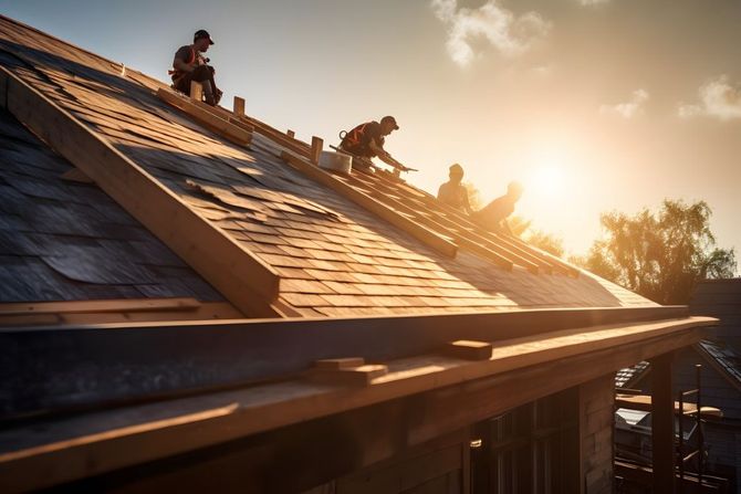 Workers installing shingles on a sunlit roof at sunset