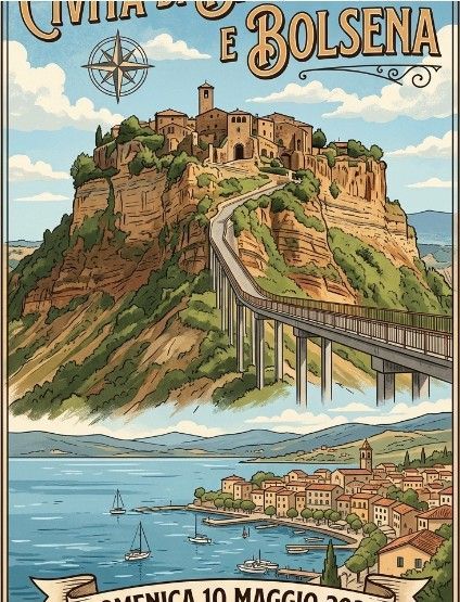 Manifesto turistico in stile vintage raffigurante Civita di Bagnoregio su un ponte in cima a una collina che sovrasta la città e il lago di Bolsena.