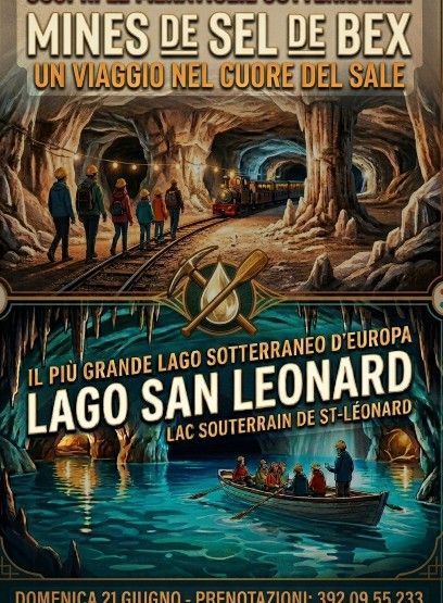 Un poster promozionale per le miniere di sale di Bex e il lago sotterraneo di Saint-Léonard, con immagini di grotte e visite guidate in barca.
