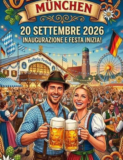 Un uomo e una donna in abiti tradizionali bavaresi tengono in mano dei boccali di birra all'Oktoberfest di Monaco il 20 settembre 2026.