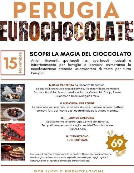 Volantino promozionale per il festival Eurochocolate di Perugia, con informazioni sui momenti salienti dell'evento, il programma e i dettagli per le prenotazioni.
