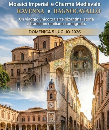 Un poster turistico per Ravenna e Bagnacavallo che raffigura l'architettura storica, i mosaici bizantini e la data del 5 luglio 2026.