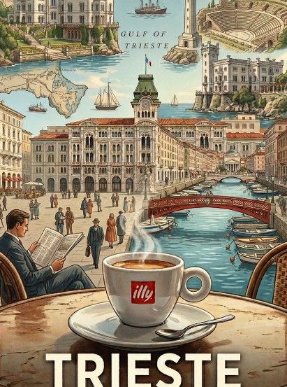 Una tazza di caffè Illy su un tavolo con vista su Piazza Unità d'Italia a Trieste, con barche su un canale e monumenti della città sullo sfondo.