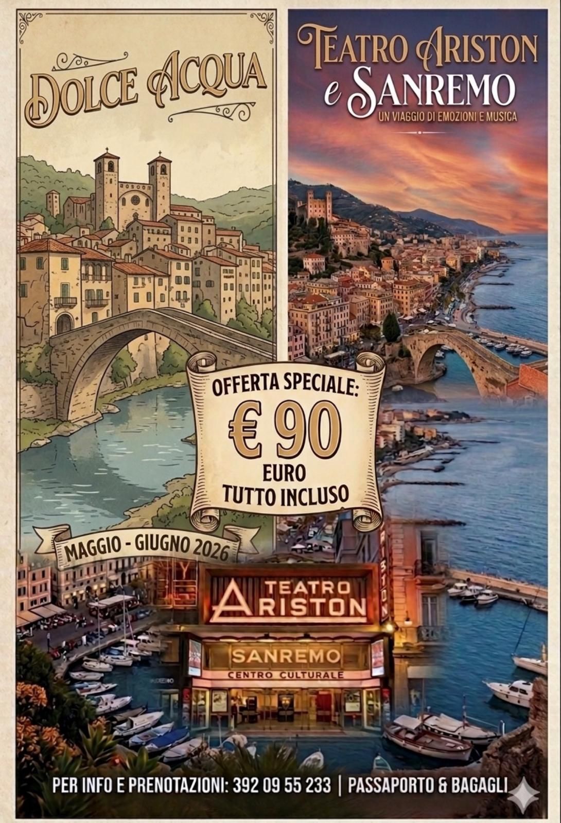 Locandina dell'evento "Dolce Acqua e Sanremo" al Teatro Ariston di Sanremo, il 7 giugno 2026, alle ore 21:00, con un tramonto sulla costa sullo sfondo.