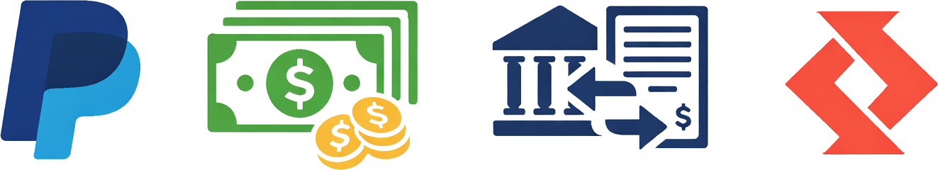 Quattro icone che rappresentano i metodi di pagamento: PayPal, contanti, bonifico bancario e un simbolo a forma di rombo rosso.