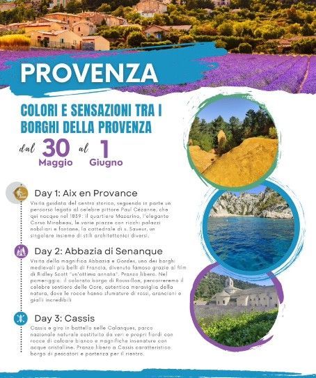 Un volantino con l'itinerario di un viaggio di tre giorni in Provenza, con immagini di campi di lavanda, della costa e di un'abbazia.