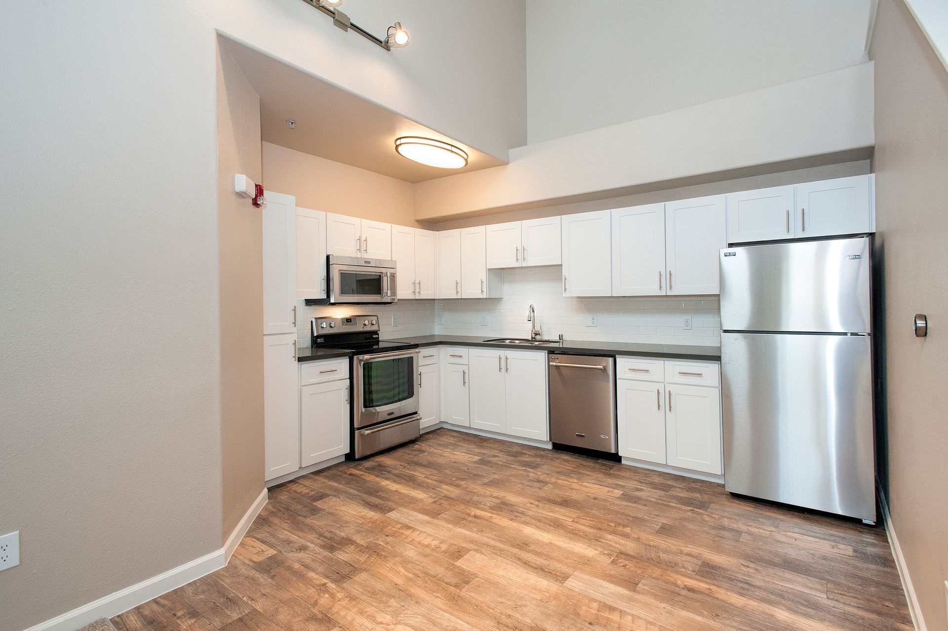 Kitchen with white cabinets, stainless steel appliances, and wood-look flooring.
