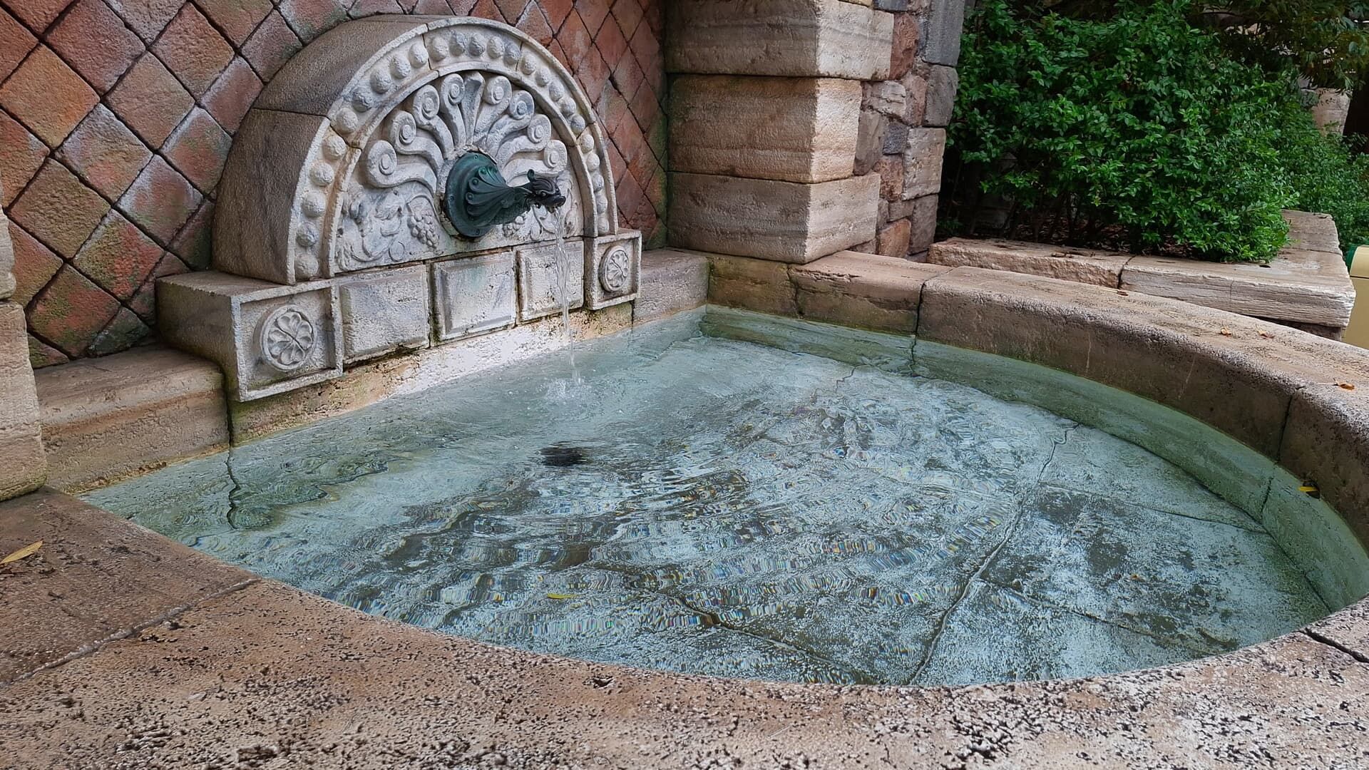 Stone fountain with water, brick wall, and lush greenery.