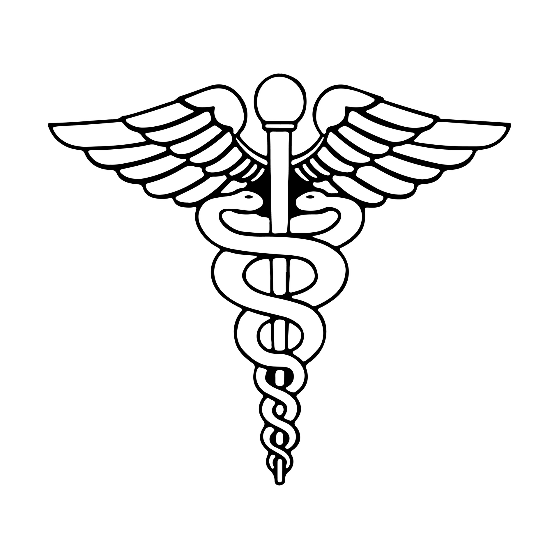 Caduceus medical emblem showing a vertical staff with two snakes coiled around it and wings extending outward at the top.